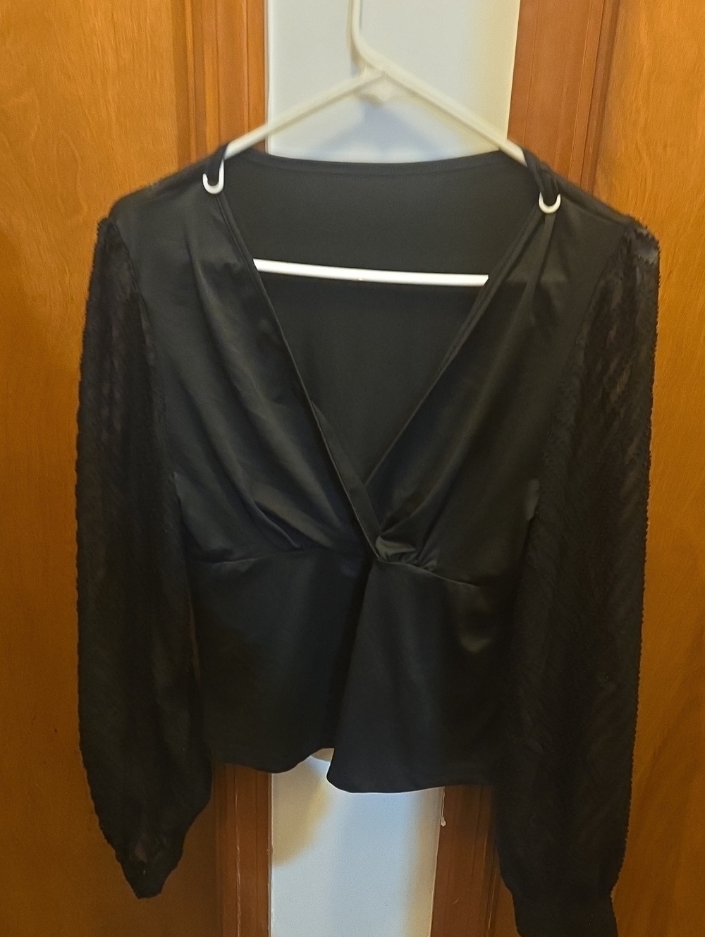 Black Lace-Sleeve V-Neck Women's Top